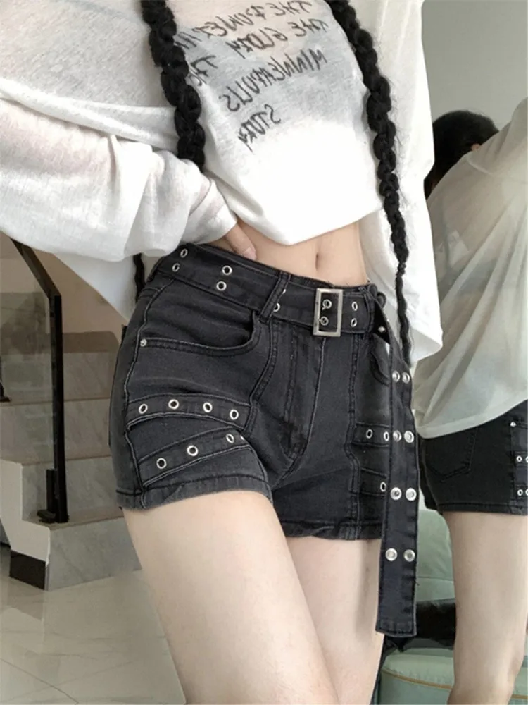 Women Black Gothic Denim Shorts Y2k Jeans Short Pants Harajuku Aesthetic Vintage Cowboy Shorts 2000s Trashy Clothes Summer