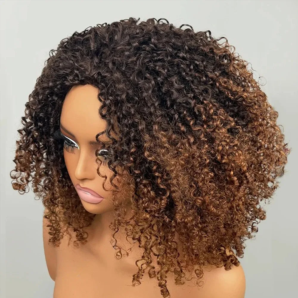 

250% Half Wigs Human Hair 3 In 1 Malaysia Fluffy Kinky Curly Highlight Ombre Brown 3/4 Half Wig Invisi Drawstring Flip Over Wig