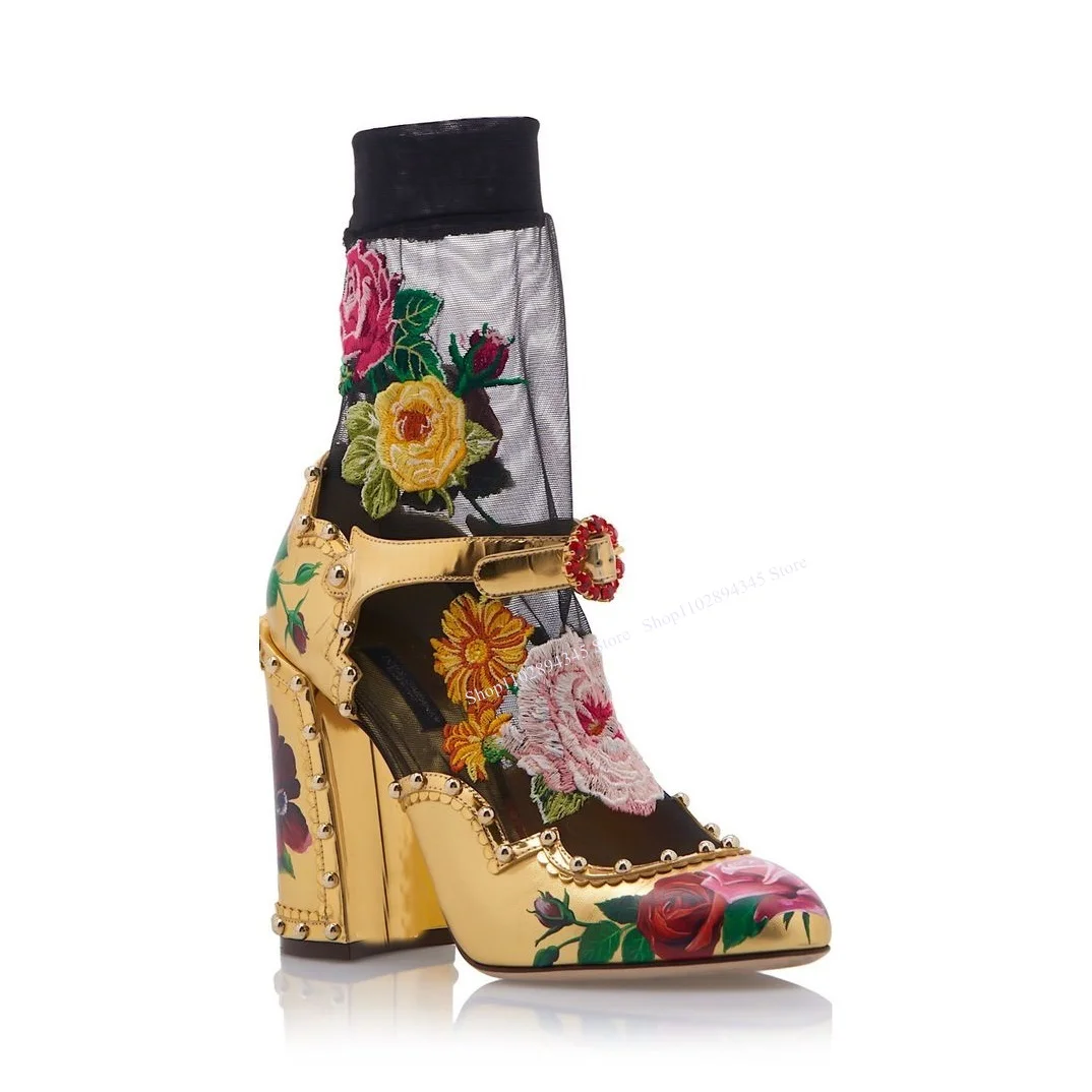 

Gold Flower Pattern Buckle Pumps Pointed Toe Chunky Heel Fashionable Sexy 2024 Summer Big Size Woman Shoes Zapatillas Mujer