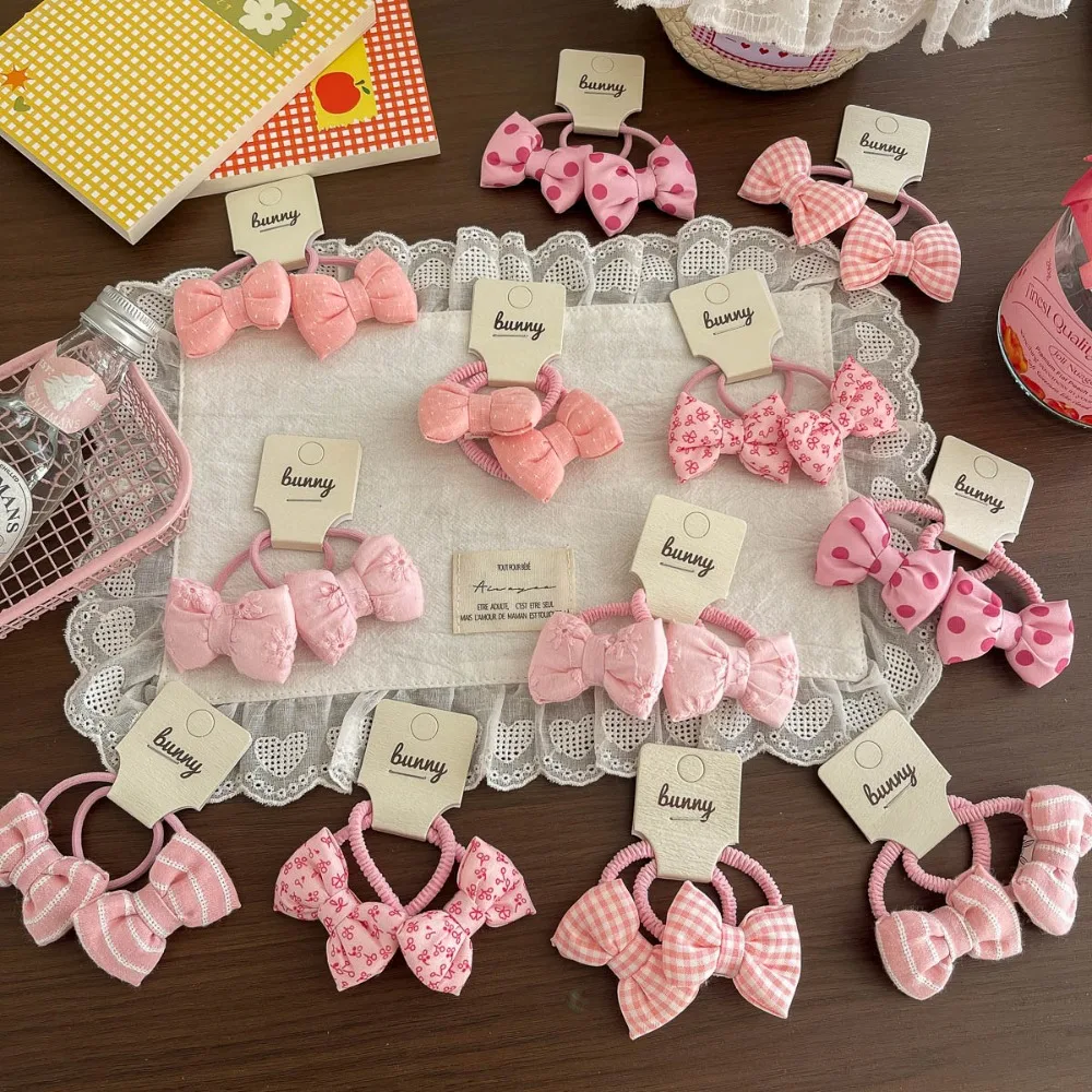 2pcs Baby Girls Hair Band Elastic Pink Headband Sweet Embroidery Plaid Bow Kids Hair Accessories for Daily Wear Party Headwear