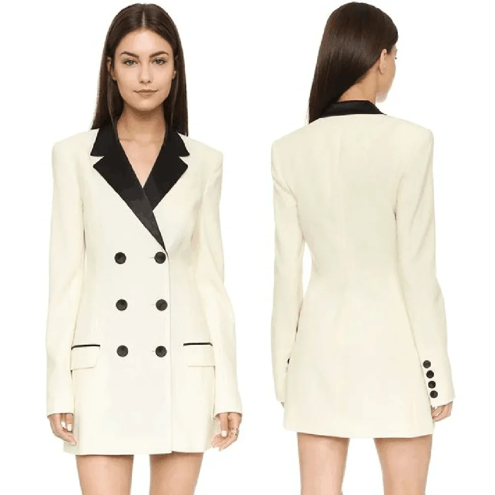 Slim White Double Breasted Black Lapel Women's Jacket Fashion Formal Casual Office Lady Long Coat Only 1 Piece