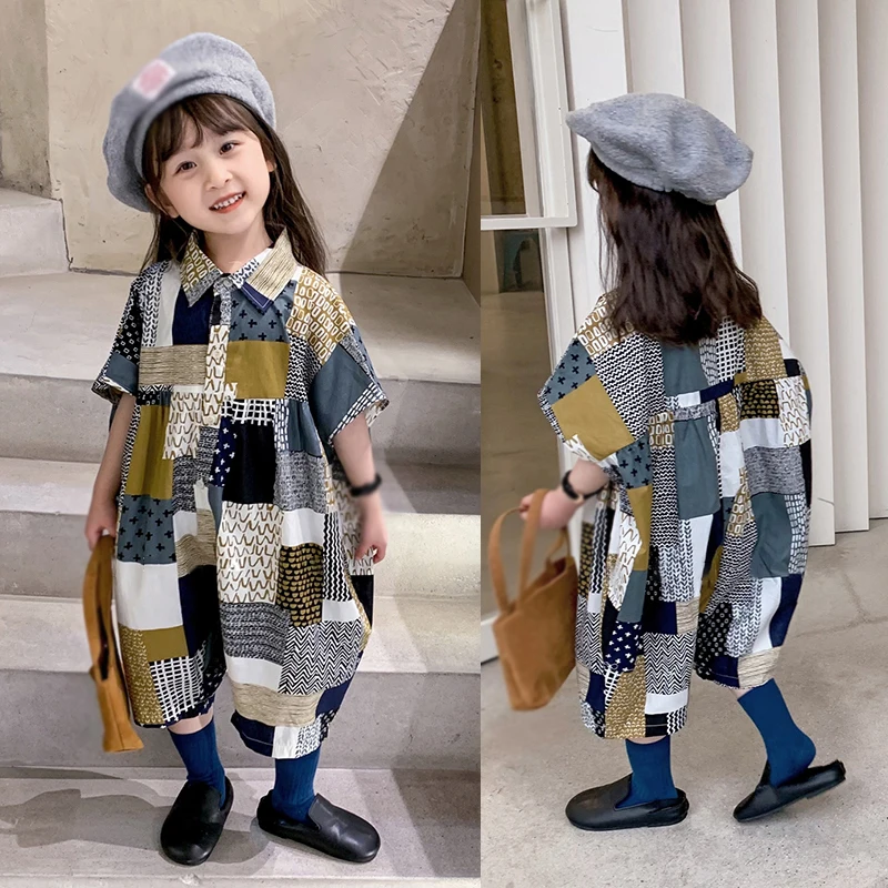 Summer Girls Shirt Collar Shoulder Sleeve Plaid Patchwork Loose Casual Jumpsuit Korean Children'S Casual Jumpsuit Wide Leg Pants