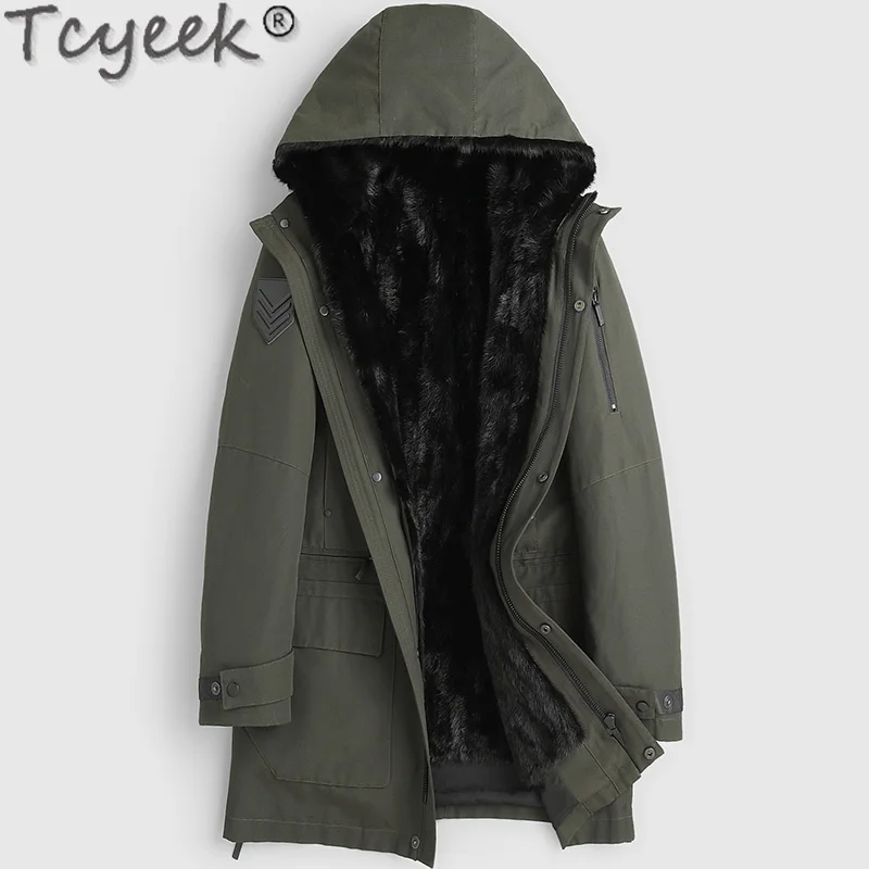 

Tcyeek Winter Men's Jacket Fashion Hooded Parka Warm Mink Fur Liner Detachable Coat Male Clothes Mid-length Real Mink Fur Coat