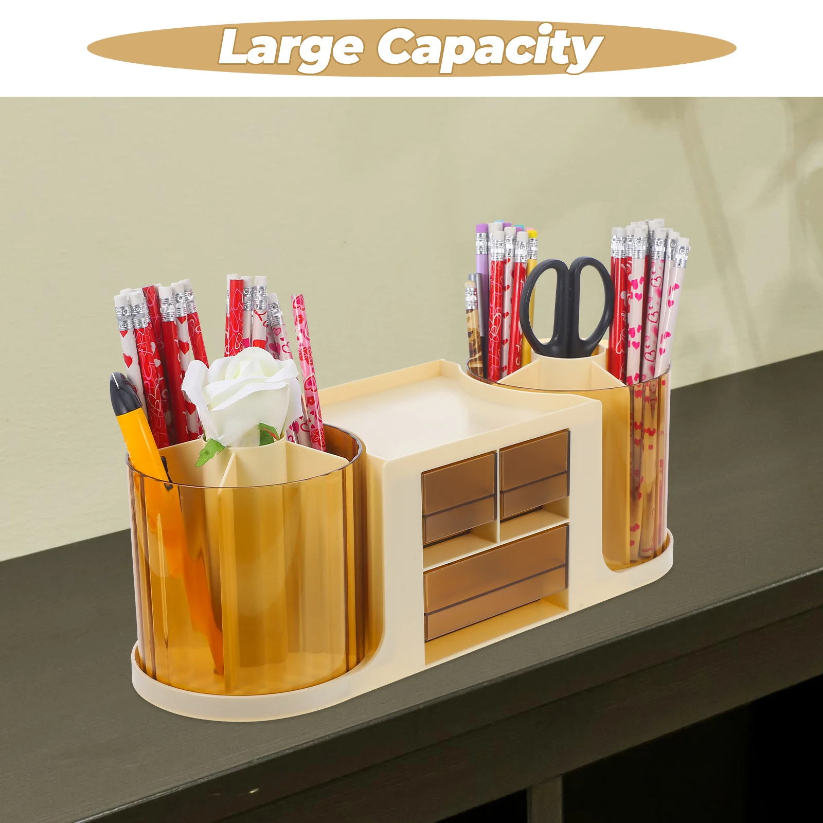 

Double Rotating Pen Holder Transparent Desk Organizer Beige Rotatable Storage Drawers Stationery Office Supplies Container