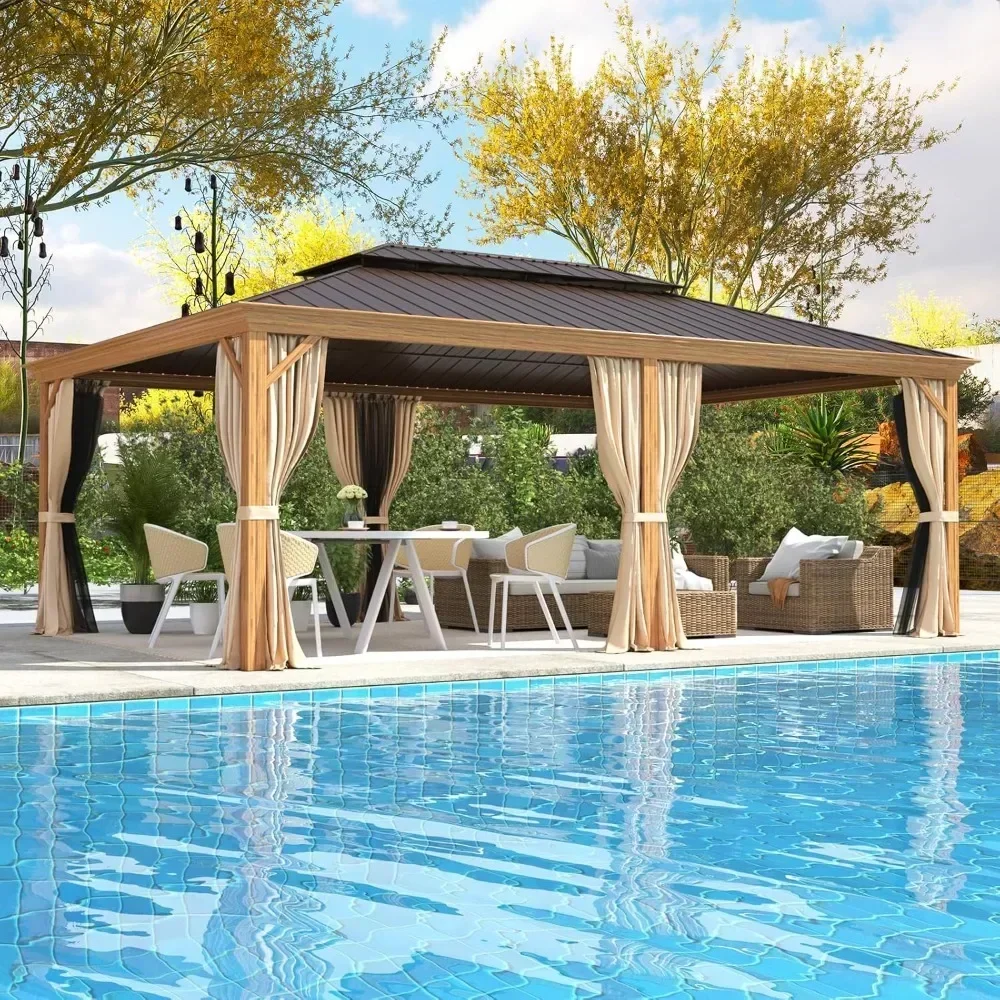 

Outdoor Permanent Metal Pavilion with Curtains and Nettings for Patio, Backyard and Deck Gazebo,14' X 20' Hardtop Gazebo