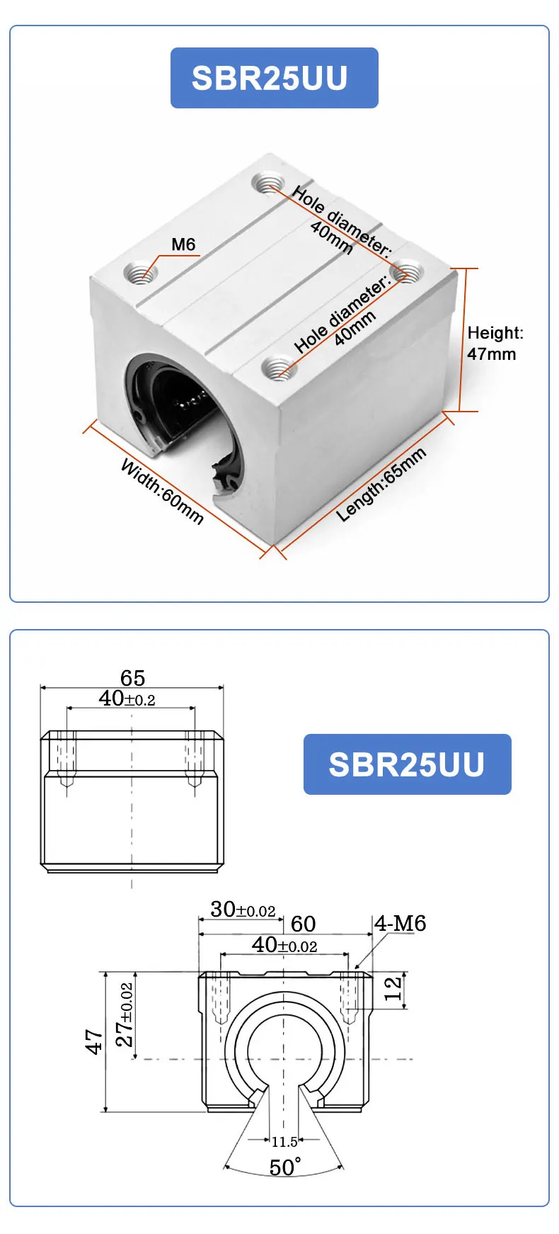 1 Stück SBR16/20UU Aluminiumblock 20mm Linearführungskugellager Gleitblock Passend für SBR20 Linearführungsschiene – Detail 13