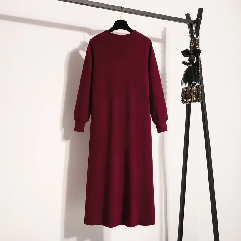 Women Basics Long Sleeves Elegant V-neck Chic Asymmetrical Loose Knitted Dresses Office Lady Autumn Winter Plus Size Clothing