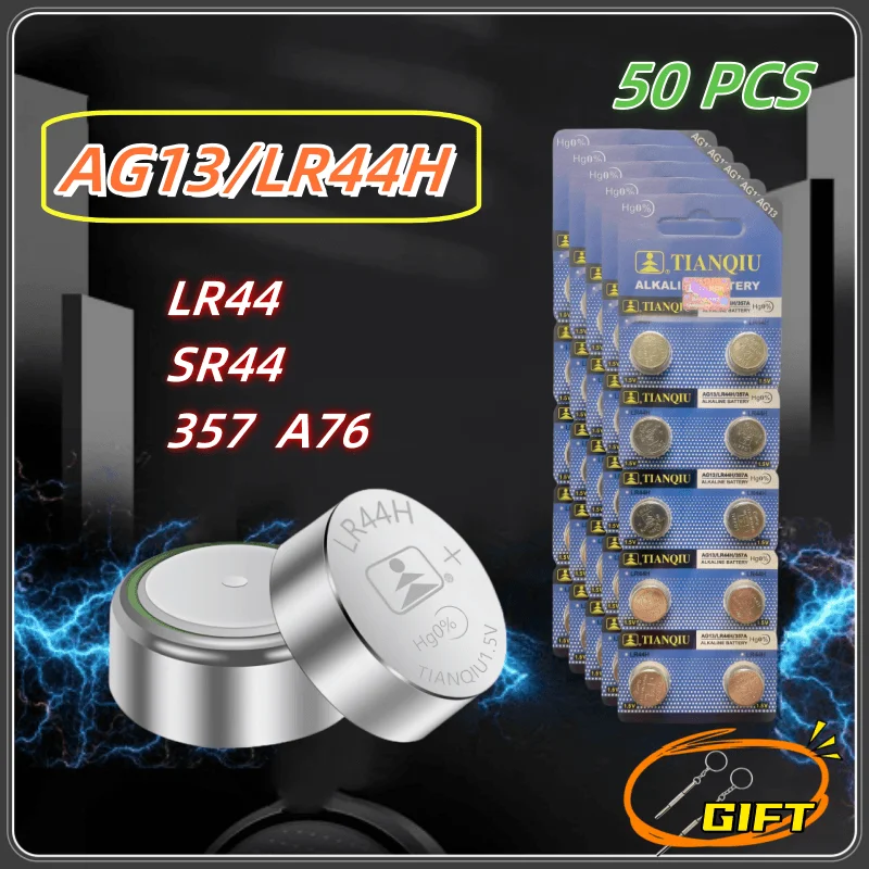 

50PCS Button Battery TQ AG13 LR44 A76 357 357A LR1154 SR44 GP76 Coin Cells For Watch Car Key Remote Control Electric Toy