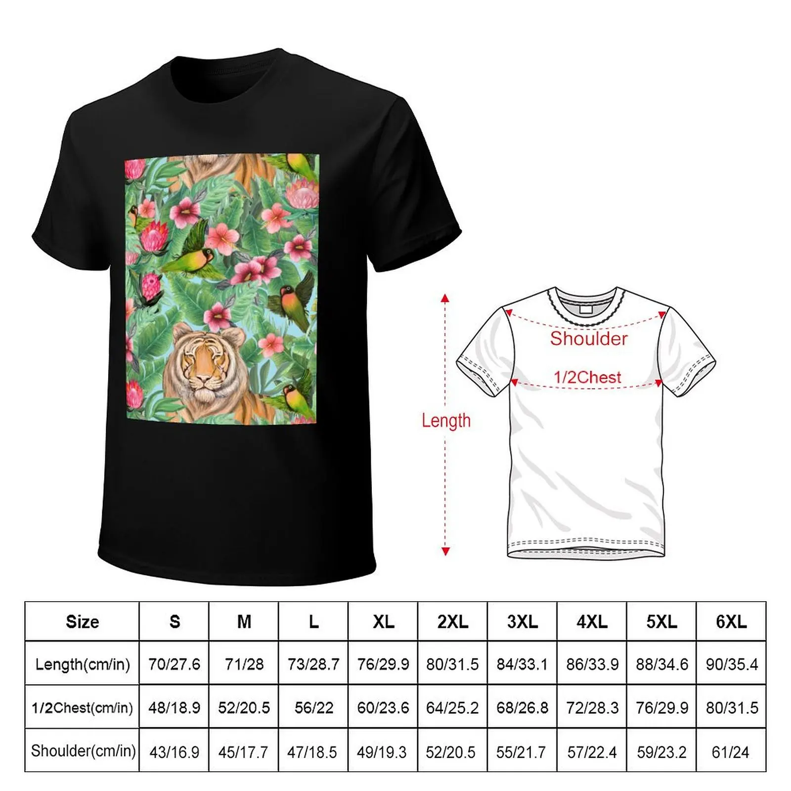 Tiger Jungle Tropical Flowers and palms with tiger hiding T-Shirt Vintage Print Crew Neck Tee
