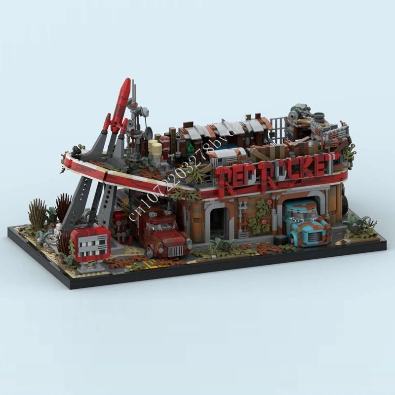 5725PCS Red Rocket Gas Station MOC Creative street view Model Building Blocks Architecture DIY Education Assembly Model Man