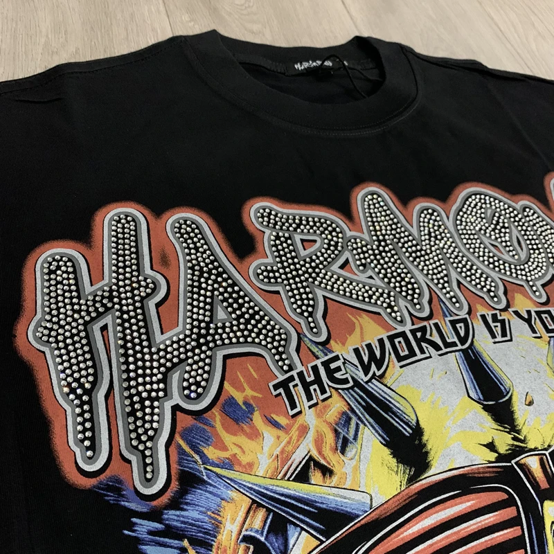Heavy Industry Rhinestone Letter Black HARMONY Tshirts Rock Hip Hop Skeleton Pattern Cotton Short Sleeve Tops Men Women Outfit