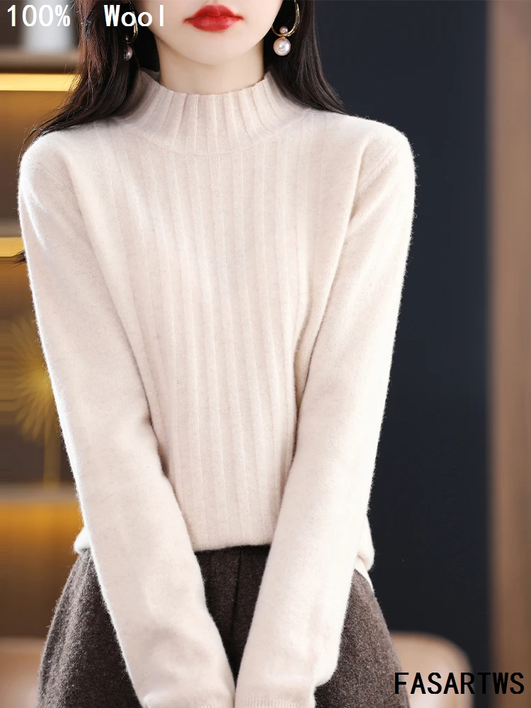 

Женский свитер из 100% мериносовой шерсти, осенне-зимний базовый универсальный свитер, мягкий пуловер с полувысоким воротником и длинными рукавами, повседневная мода