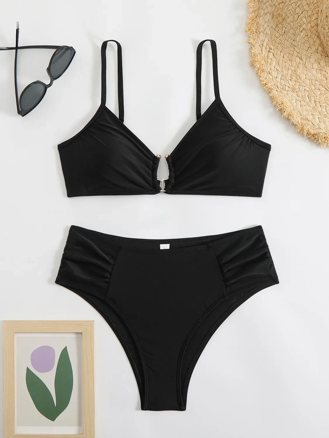 Sexy Metal Ring Bikini Set 2025 Women Black Push Up Pleate High Waist Swimsuit Summer Bathing Suit Two Piece Swimwear Biquini