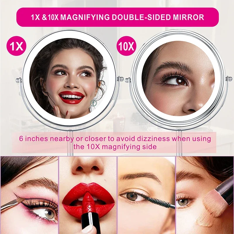 8inch 10X Magnifying LED Makeup Mirror with 3 Color Light Touch Switch Double Side USB Charging Desktop Vanity Cosmetic Mirror