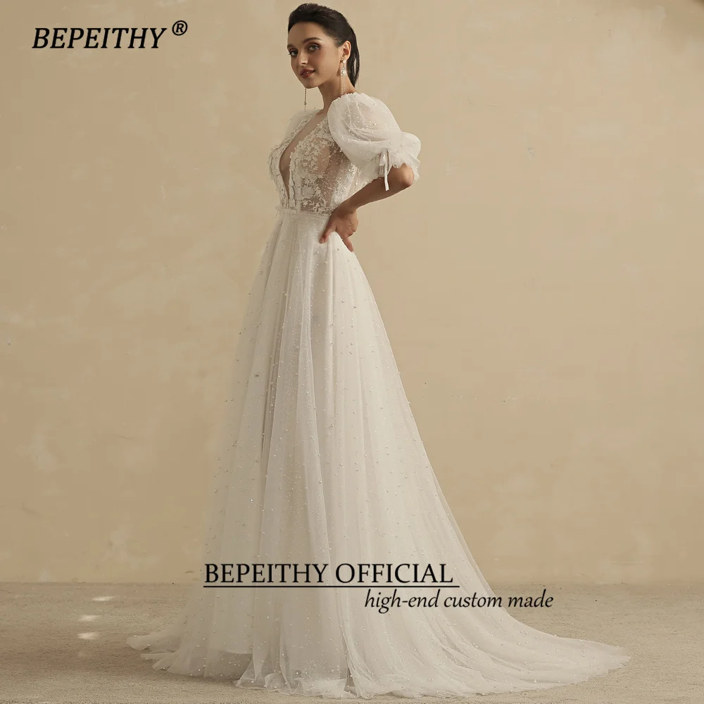 Bepeithy personalizado imagem real vestidos de casamento para as mulheres 2023 noiva pérolas meia mangas praia boho vestido de festa de noiva aberto volta