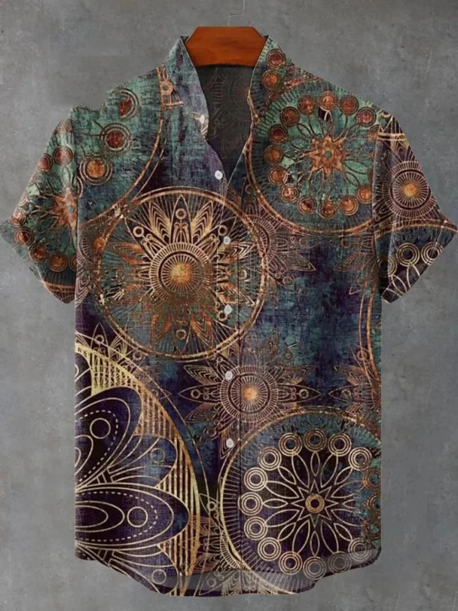 Men's casual fashion linen shirt short sleeve top floral print Hawaiian shirt 2025 high-end trendy social shirt