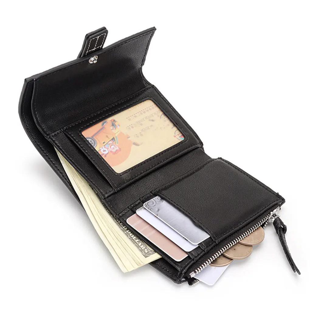 Monedero de cuero Trifold para mujer, tarjetero elegante de Color sólido, compartimento para efectivo, carpeta de fotos, BILLETERA, regalo de cumpleaños, negro