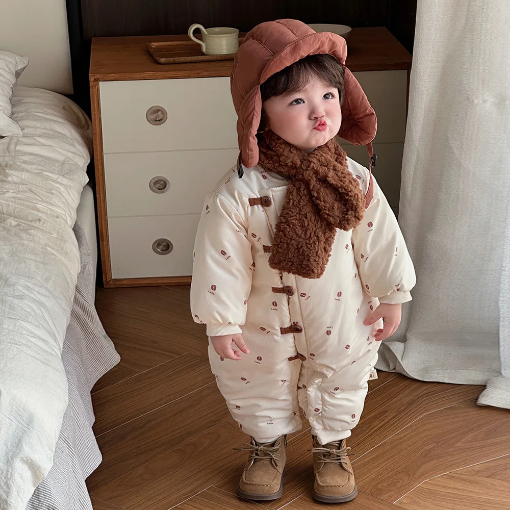 Girls Pants 2024 Winter New Childrens Clothes Boys and Girls Cartoon Foreign Style Full Print Coffee Beans Thickened Onesie