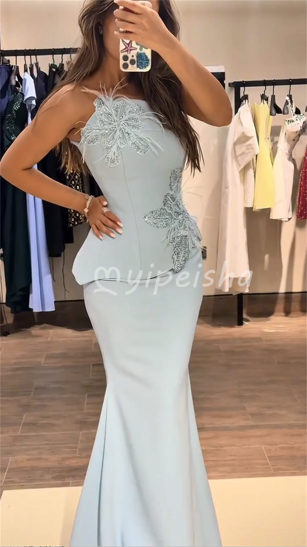 Intricate Sparkle Jersey Applique Beading Sequined Feather Mermaid Strapless Floor-Length Evening Dresses for Woman Customized