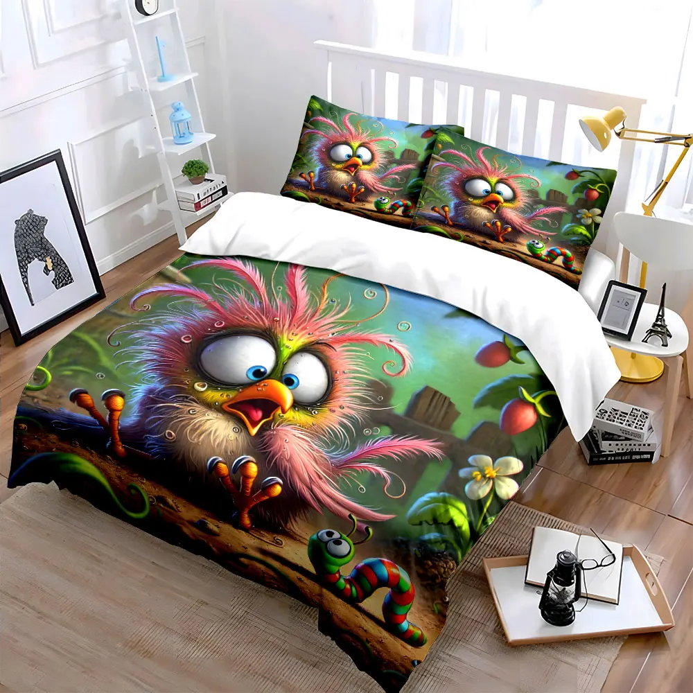 Frightened bird meets caterpillar Print Bedding Set 1 Duvet Cover 2 Pillowcases for Adult and Children Luxury Gift Full Size