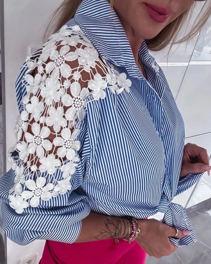 Women's Blouse 2024 Autumn Fashion New Striped Turn-Down Collar Long Sleeve Contrast Lace Shirt Casual Tied Detail Blouse