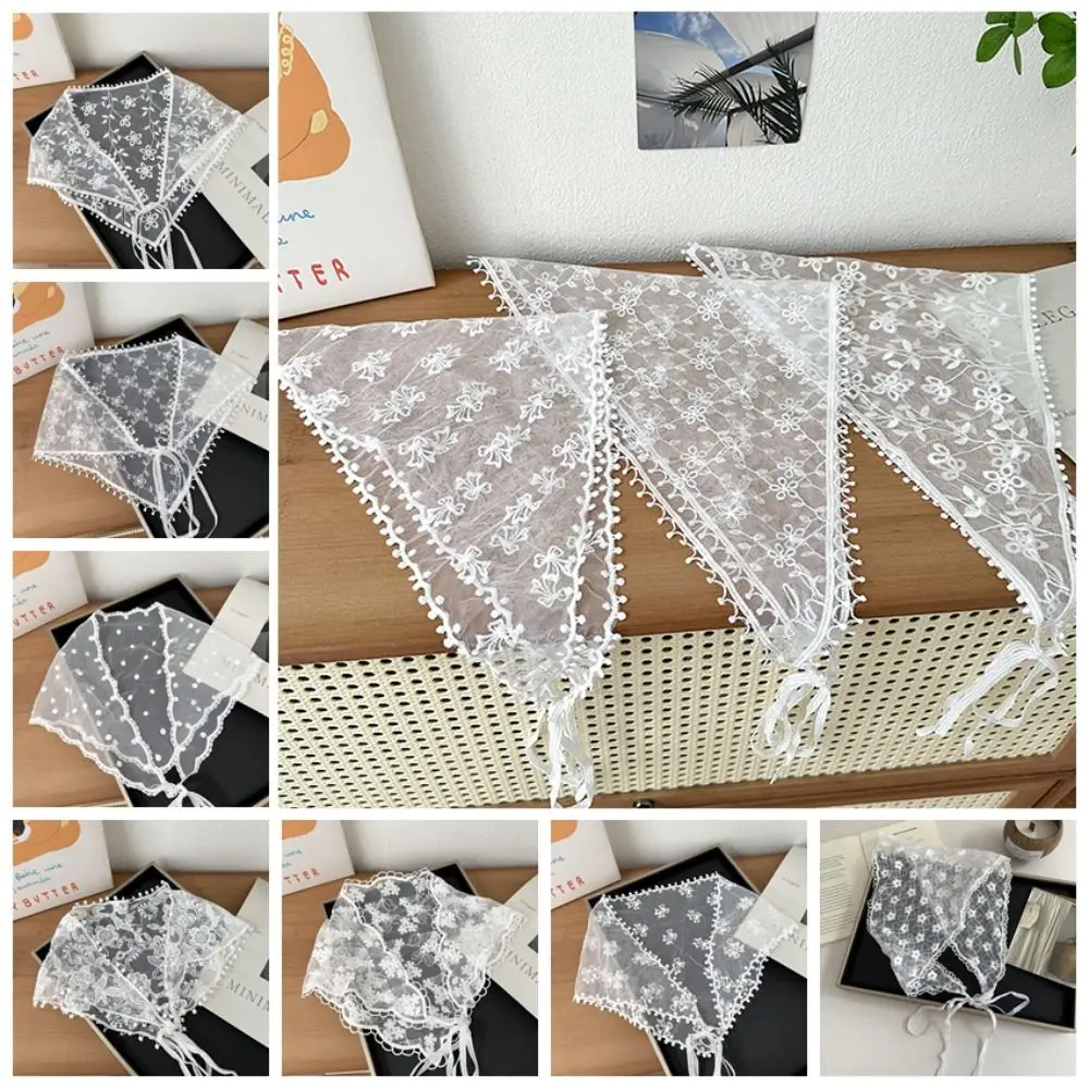White Woven Floral Lace Hair Scarf Wraps Women Retro Sweet Retro Lace Hair Accessories Breathable Triangle Headscarf