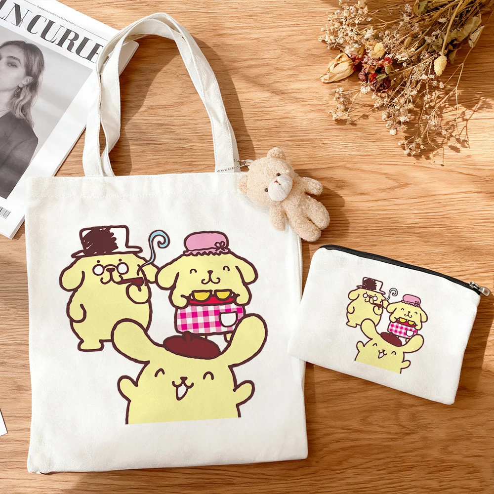 3pcs/set Large Capacity Pom Pom Purin Multi Character Canvas Tote Bag Lovely Sanrio Group Print Anime Eco Reusable Shopping Bag view 4