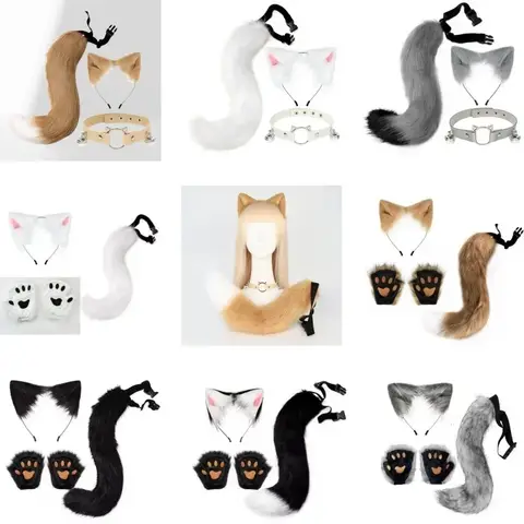 FluffyAnime Animal Fur Fox Tail Cat Paws Gloves and Ears Headwear Face Mask Cosplay Costume  Set Halloween Party Accessorie