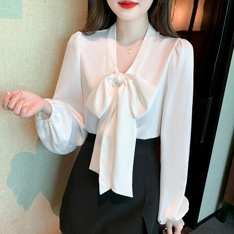 Spring Autumn Elegant Chiffon White Women's Bow Blouse 2025 New Long Sleeve V-neck Korean Casual Loose Office Lady Shirts Female