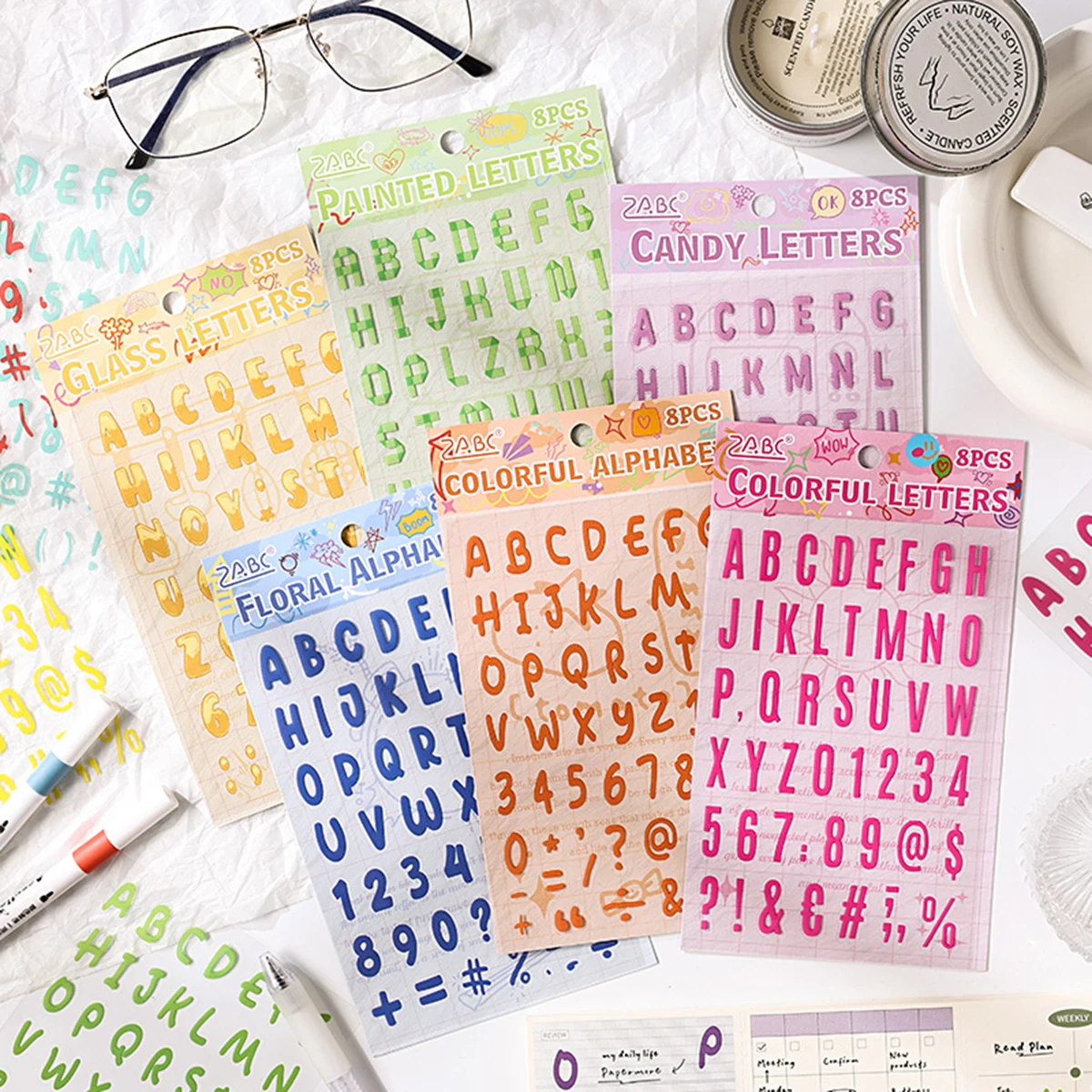 8pcs Colorful Number And Letter Pattern PET Stickers,Waterproof Stickers,Perfect For Gift Boxes And Scrapbook Decoration