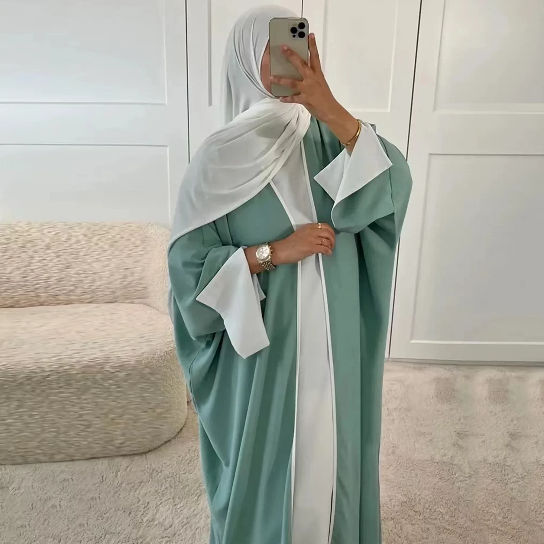 عباية باتوينغ المفتوحة كيمونو دبي سترة فاخرة عبايات حافة بيضاء إسلامية للنساء فستان حجاب تركي قفطان ملابس إسلامية