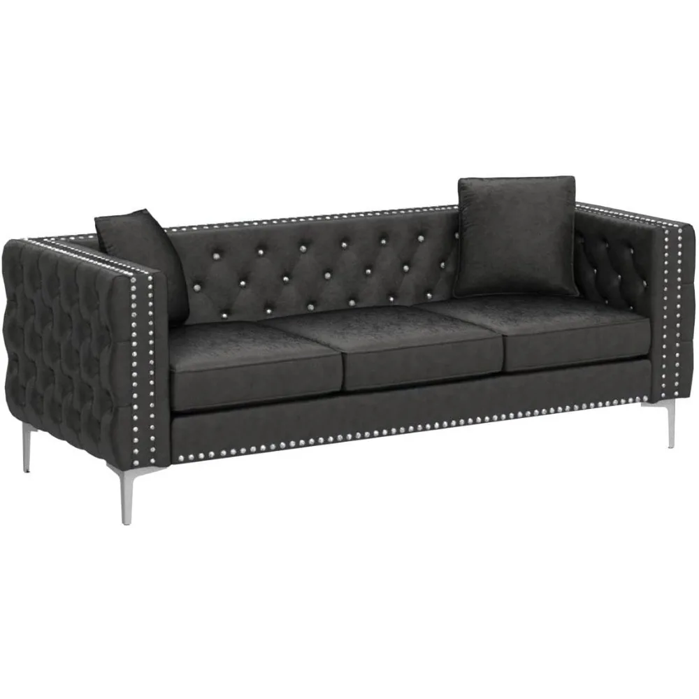 office sofas,with Jeweled Buttons and Square Arms,with Trimmed Nailhead and Metal Legs 3 Person Couch with 2 Pillows,sofa