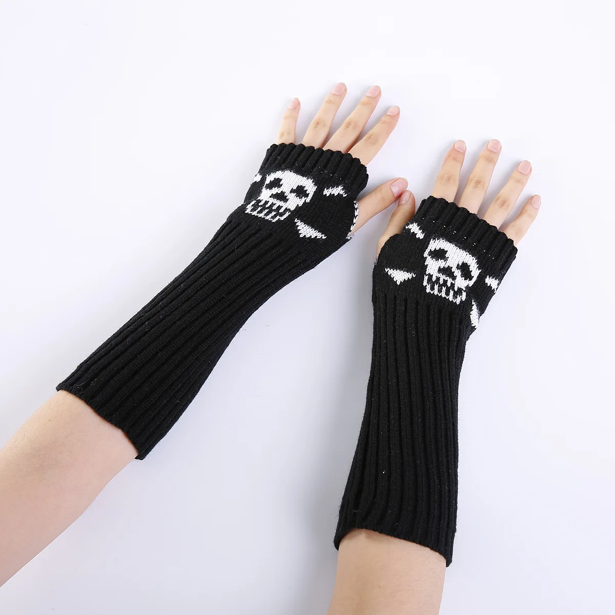 

Women Girl Elbow Gloves Half Winter Warmer Skull Knitted Long Fingerless Fashion Gloves Elbow Mittens Christmas Gift Accessories