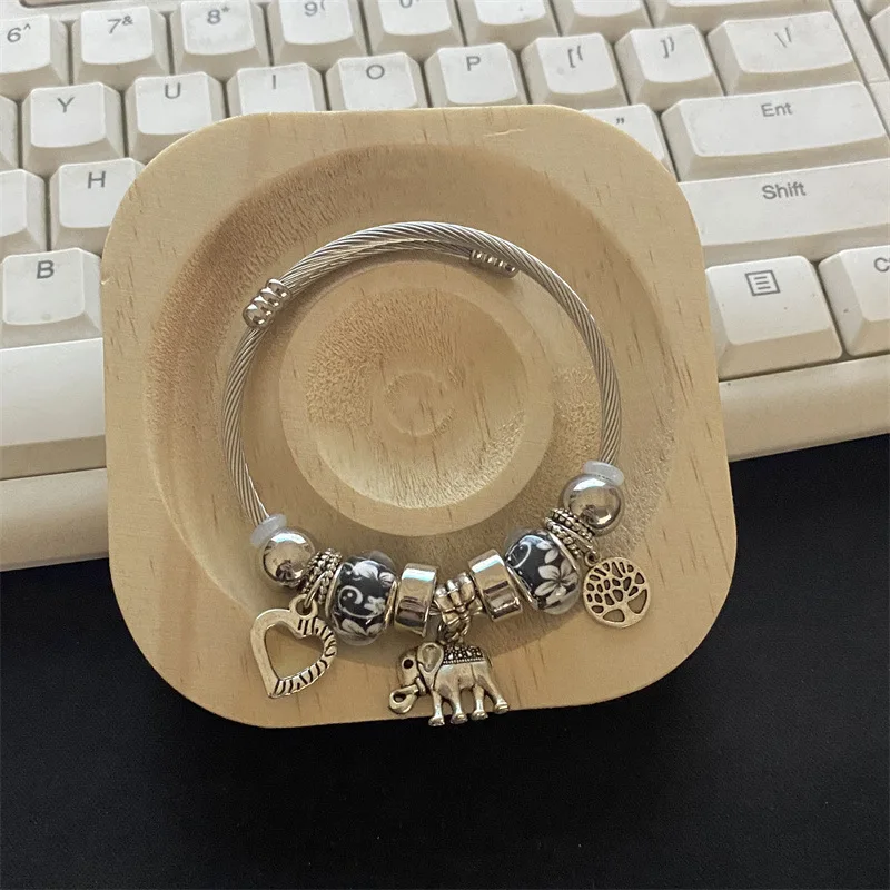 Cute Heart Tree Of Life Elephant Charm Bracelet Black Flower Glass Bead Twisted Cable Bangle For Girls Women