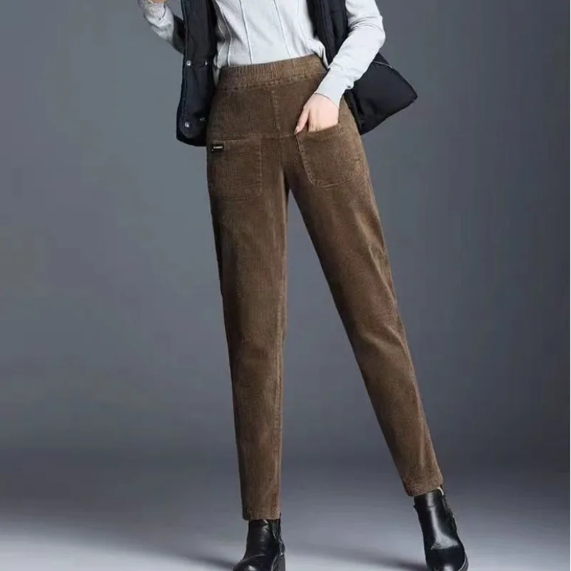 

Autumn Winter Women's Solid Screw Thread Pocket Casual High Waisted Harlan Straight Leg Trousers Vintage Fashion Loose Pants