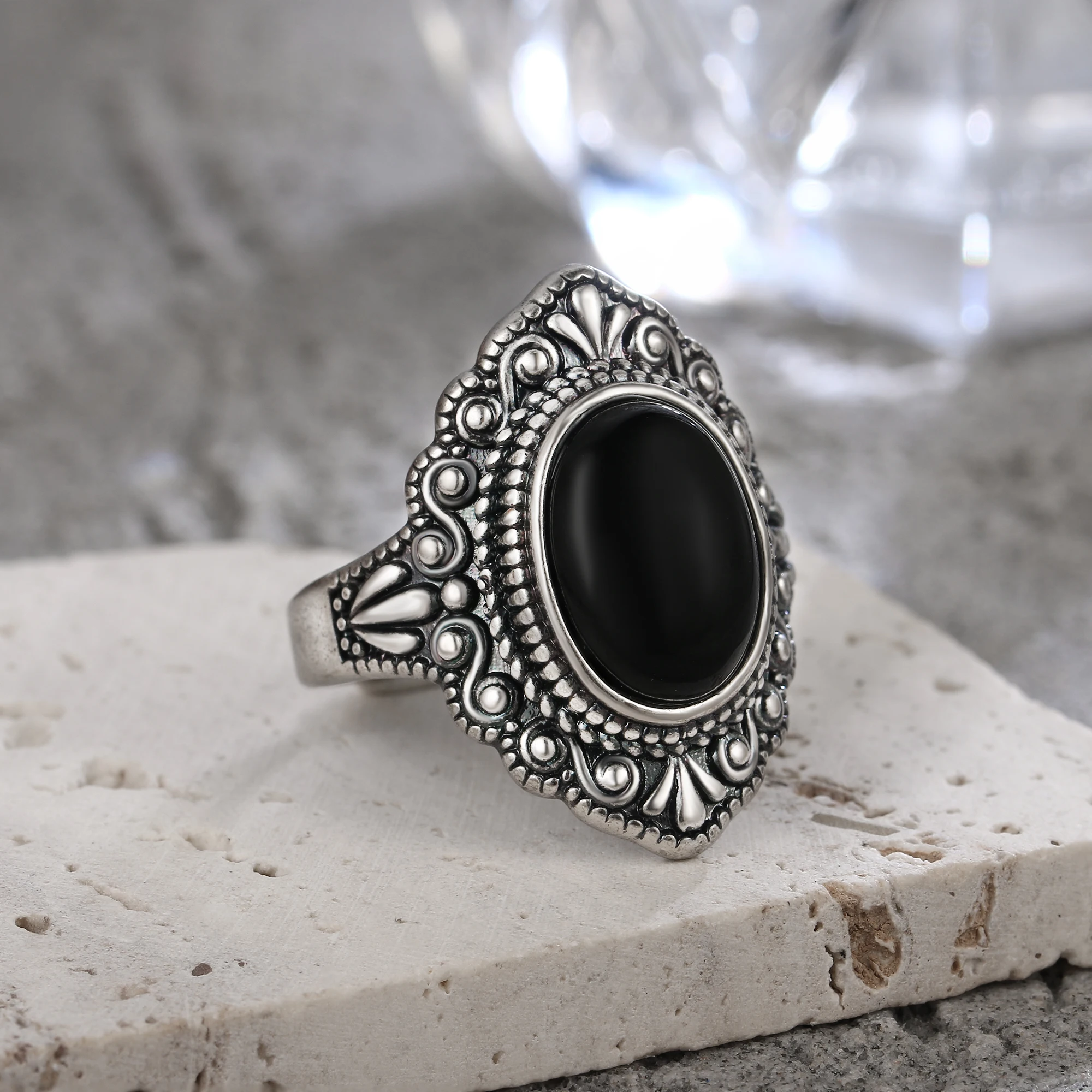 Women\'s Jewelry S925 Silver Ring Oval Natural Labradorite Rings Finger Ring Retro Black Agate Rings Jewelry Party Gift