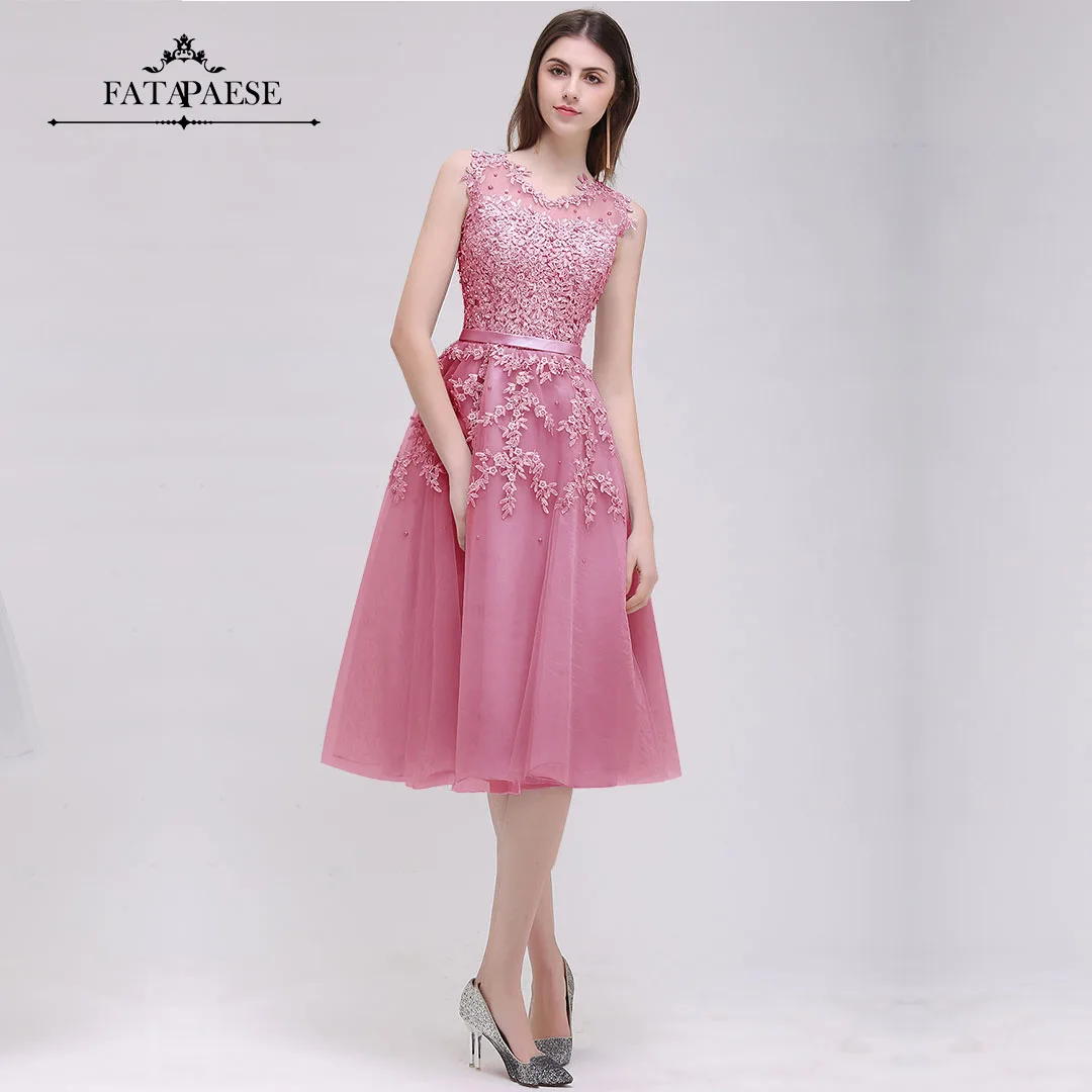 FATAPAESE Dust Pink Cocktail Knee-Length Lace Appliques Top  Flower and Pearls Short Prom Dress Party Dresses Sexy Tulle Gown