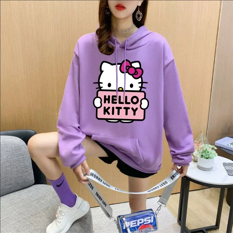 

Толстовка Sanrio с рисунком Hello Kitty, удобная свободная куртка с длинным рукавом и капюшоном, женский свитер для девочек, подарок на день рождения