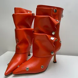 Botas vaqueras empalmadas con botones de Metal para mujer, botines de tacón alto hasta la rodilla, zapatos 34-43, 2024