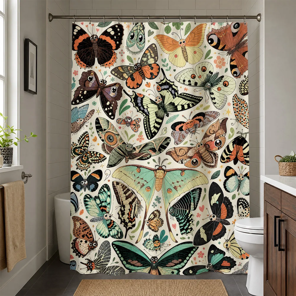 Whimsical Butterfly Shower Curtain Waterproof Bathroom Liner Decoration Cute Nature Insect Pattern Print Curtain for Modern Bath