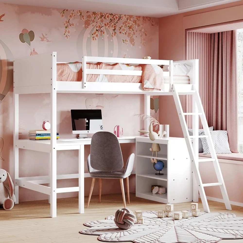 

Designs Twin Loft Bed with Desk and Storage, Wood Loft Bed Frame with Drawers and Shelves, for Kids Teens Adults - White