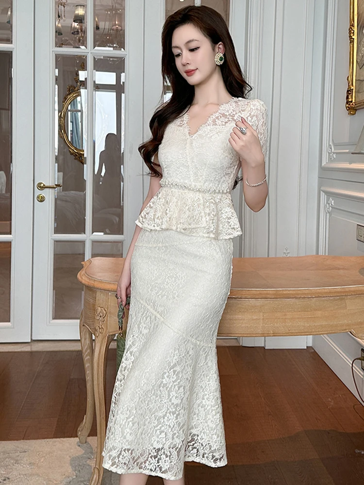 Francese elegante falso 2 pezzi abito da sera da sera da donna dolce squisito pizzo trasparente con volant a coda di pesce abito da ballo di compleanno per signora Vestido