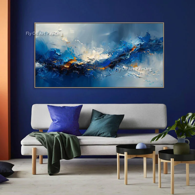 New Design Simple Blue White Knife Canvas Wall Art Handmade Dark Blue Abstract Thick Oil Painting Large Artwork For Room Decor