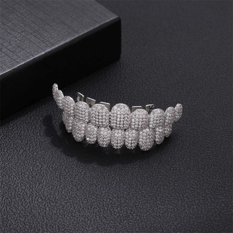 RACHELZ Hip Hop 10/10 Cubic Zircon Teeth Grillz Fashion Silver Color Iced Out CZ Stone Tooth Caps For Women Men Jewelry