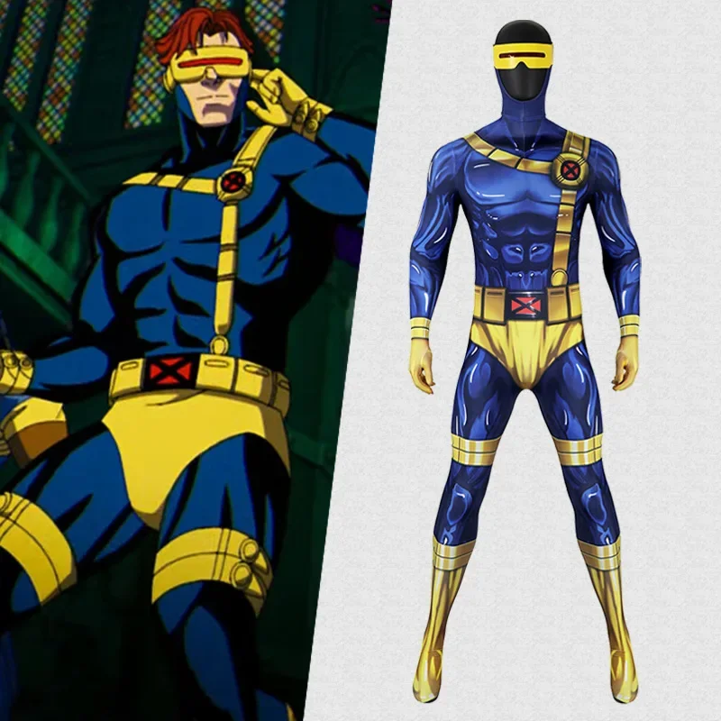 X-MEN 97 Cyclops Cosplay Jumpsuit Mask Scott Summers Cosplay Costume Zentai Suit Superhero Halloween Outfit Party Bodysuit