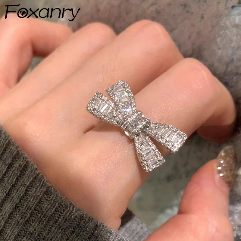 Foxanry Trendy Elegant Bow-knot Ring for Women Couples Sparkling Zircons Ring Wedding Party Jewelry Gifts