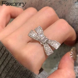 Foxanry Trendy Elegant Bow-knot Ring for Women Couples Sparkling Zircons Ring Wedding Party Jewelry Gifts