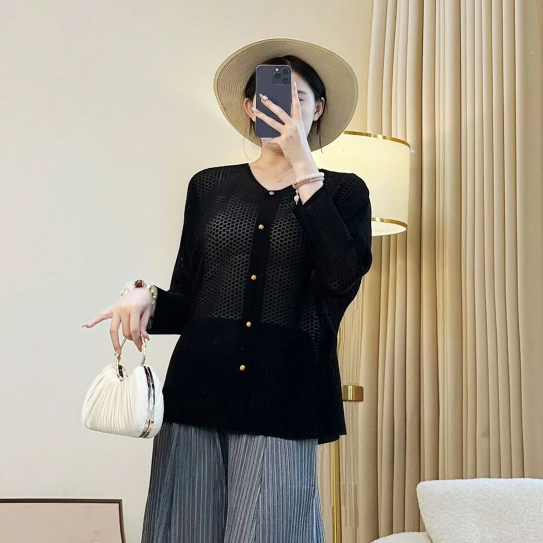 Miyake Plooien 2026 Premium Skeleton Jas Dames Ontwerp Honderd Licht Klein Shirt Eenvoudig Effen Kleur Casual Vest Tops