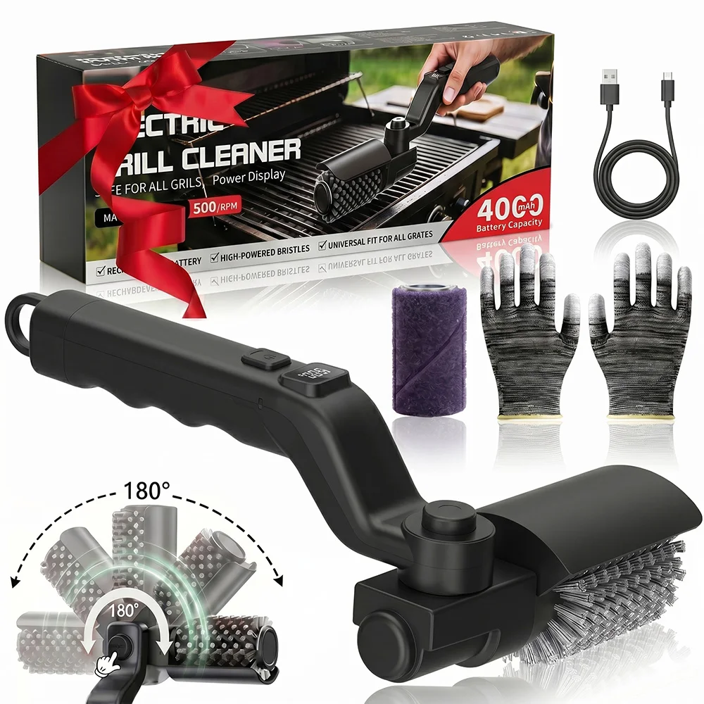 Escova de Limpeza Automática para Churrasqueira Elétrica, 4 Velocidades Potentes, Ideal para Uso Externo e Camping