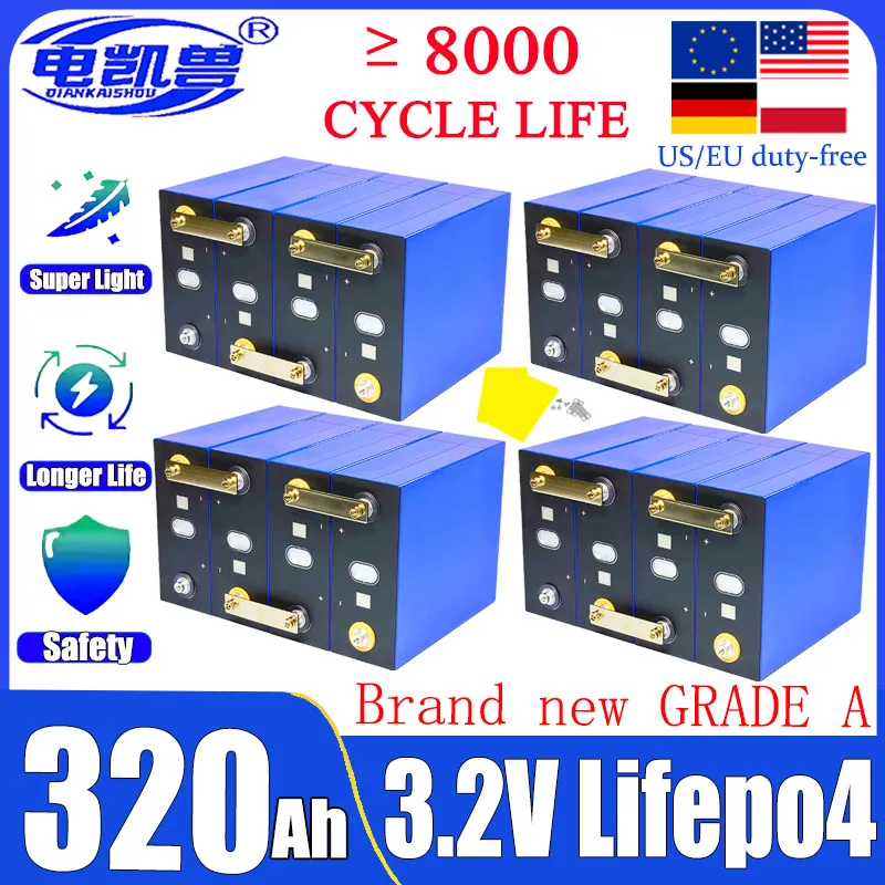 

Grade A 320 Ah 8000 cycle LiFePO4 3.2v rechargeable battery suitable for DIY 12v 24v 48v Solar energy storage golf cart camping